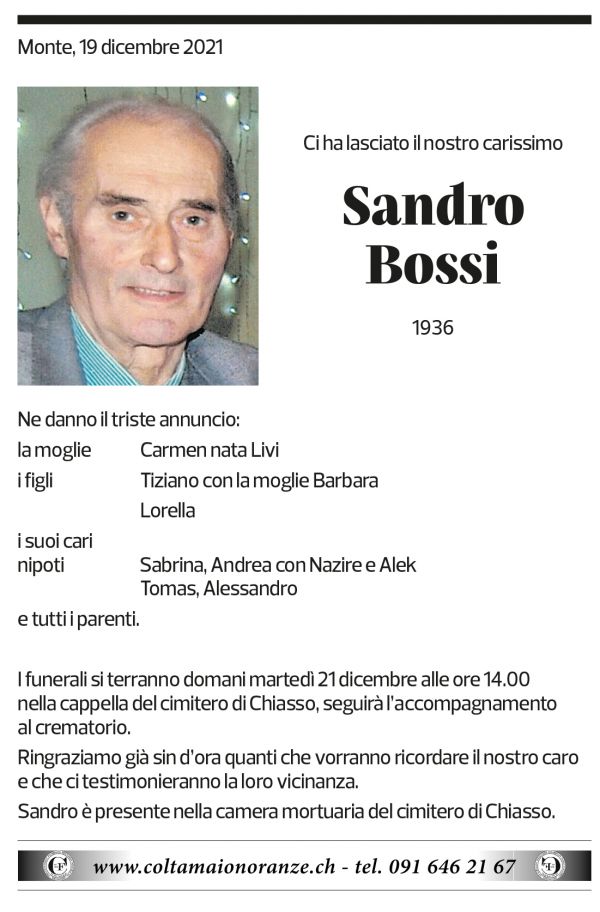 Annuncio funebre Sandro Bossi