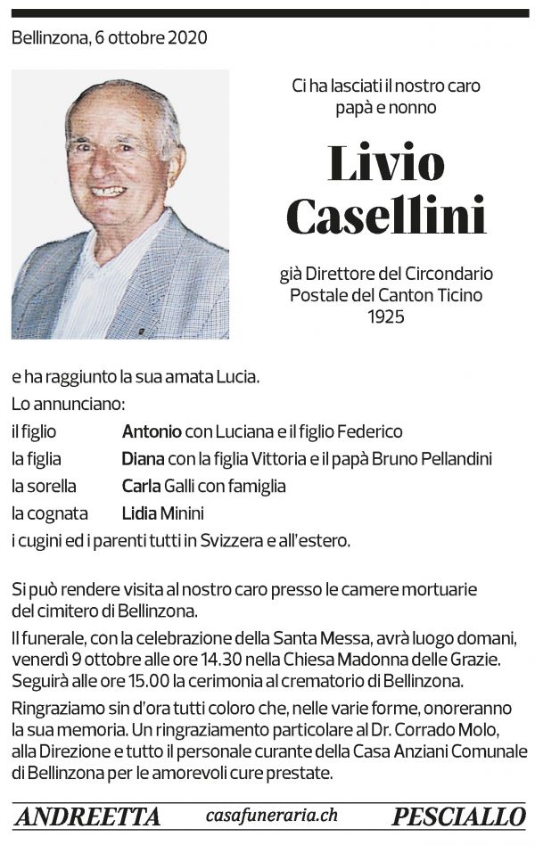 Annuncio funebre Livio Casellini