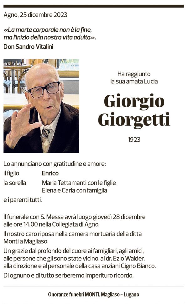 Annuncio funebre Giorgio Giorgetti