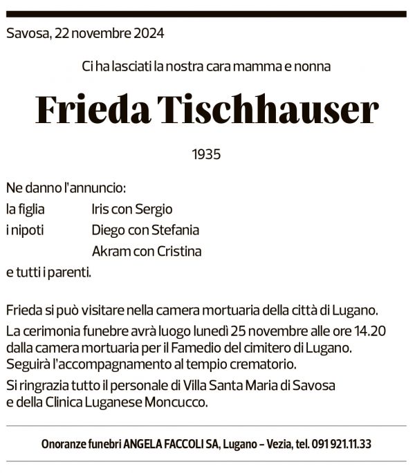 Annuncio funebre Frieda Tischhauser