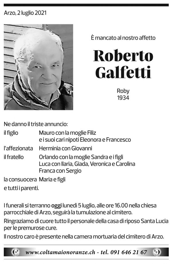 Annuncio funebre Roberto Galfetti