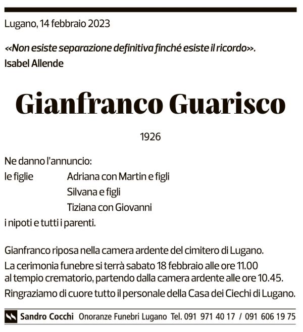 Annuncio funebre Gianfranco Guarisco