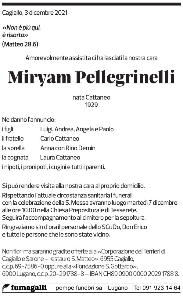 Annuncio funebre Miryam Pellegrinelli