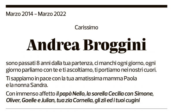 Annuncio funebre Andrea Broggini