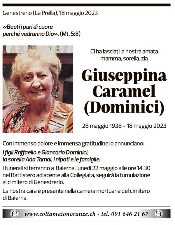 Annuncio funebre Giuseppina Caramel Dominici