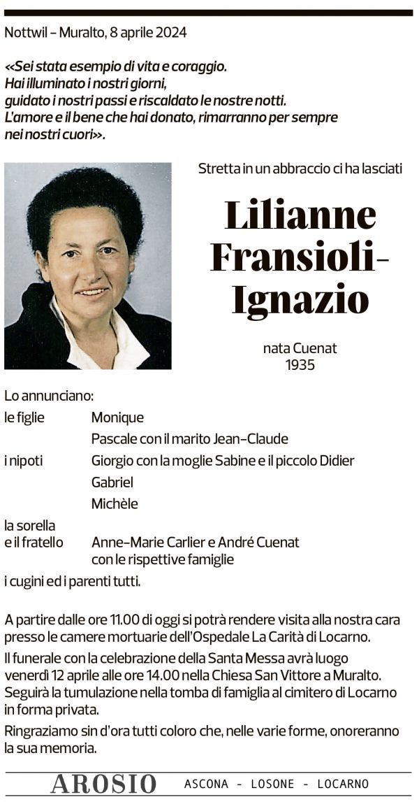 Annuncio funebre Lilianne Fransioli-ignazio