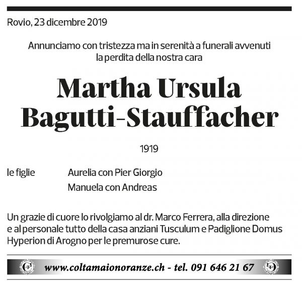 Annuncio funebre Martha Ursula Bagutti-stauffacher