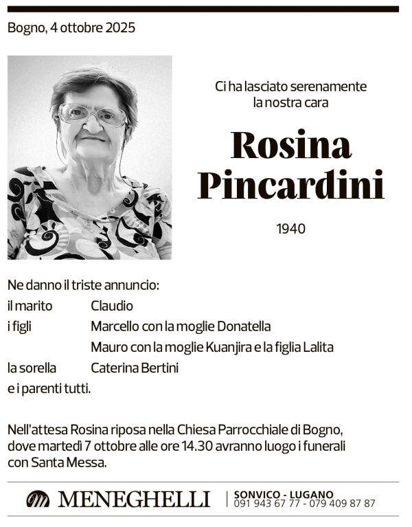 Annuncio funebre Rosina Pincardini