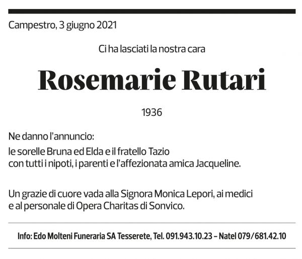 Annuncio funebre Rosemarie Rutari