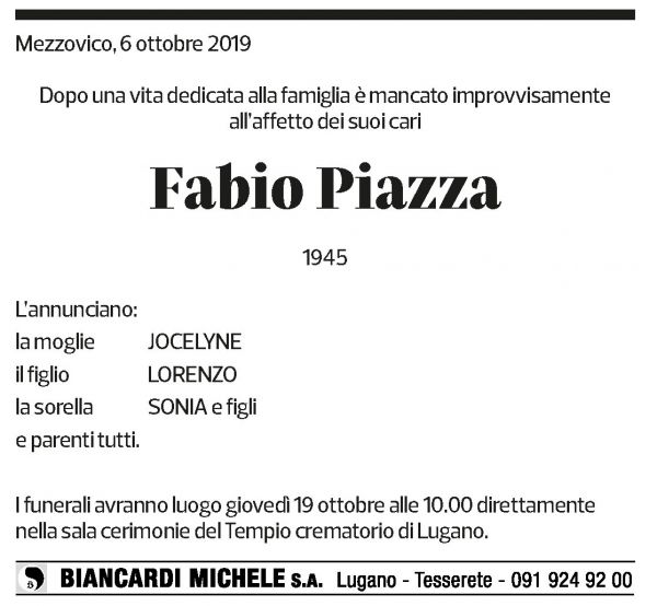 Annuncio funebre Fabio Piazza