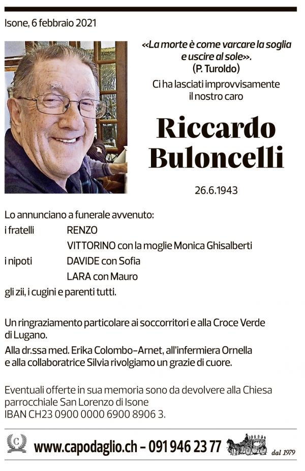 Annuncio funebre Riccardo Buloncelli