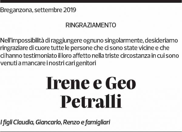 Annuncio funebre Irene E Geo Petralli