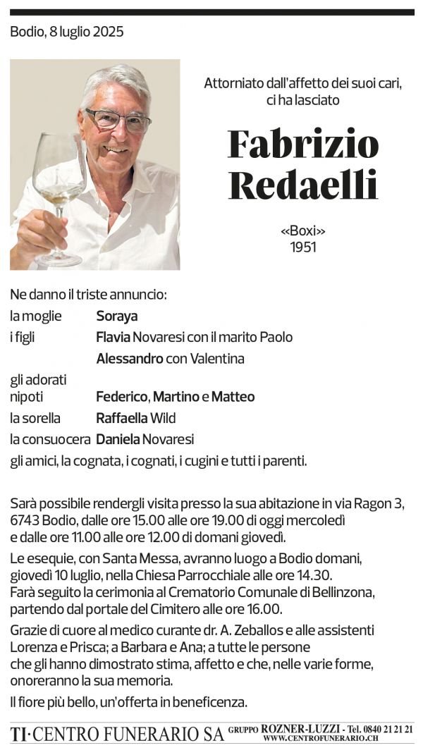Annuncio funebre Fabrizio Redaelli