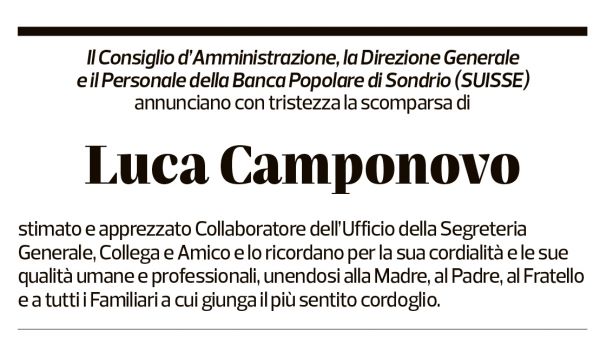 Annuncio funebre Luca Camponovo