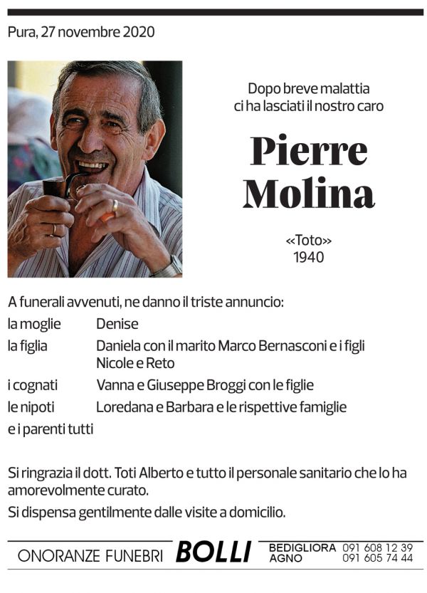 Annuncio funebre Pierre Molina