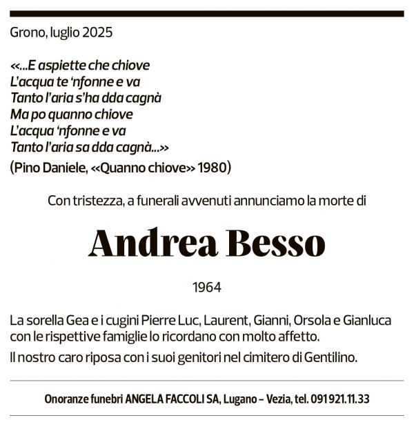 Annuncio funebre Andrea Besso