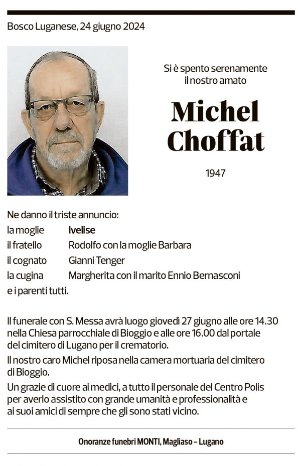 Annuncio funebre Michel Choffat