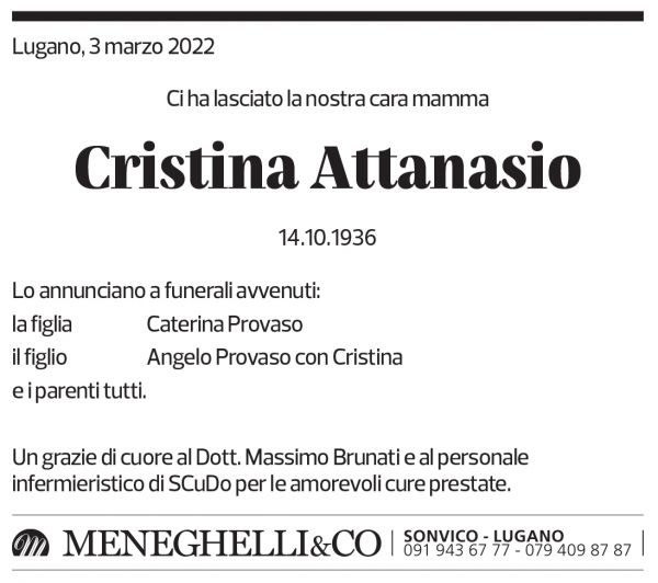 Annuncio funebre Cristina Attanasio