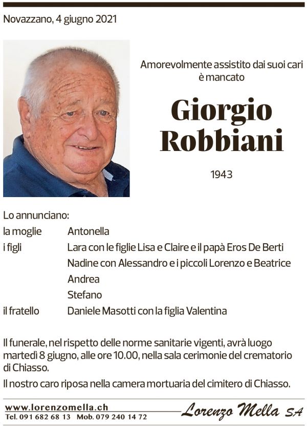 Annuncio funebre Giorgio Robbiani