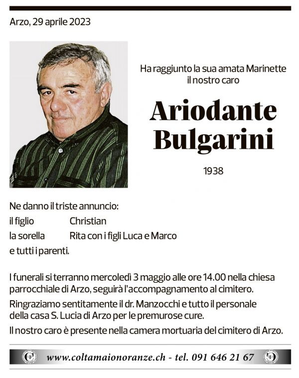 Annuncio funebre Ariodante Bulgarini