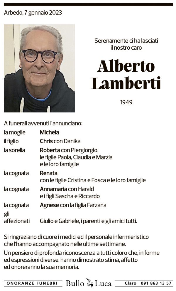 Annuncio funebre Alberto Lamberti