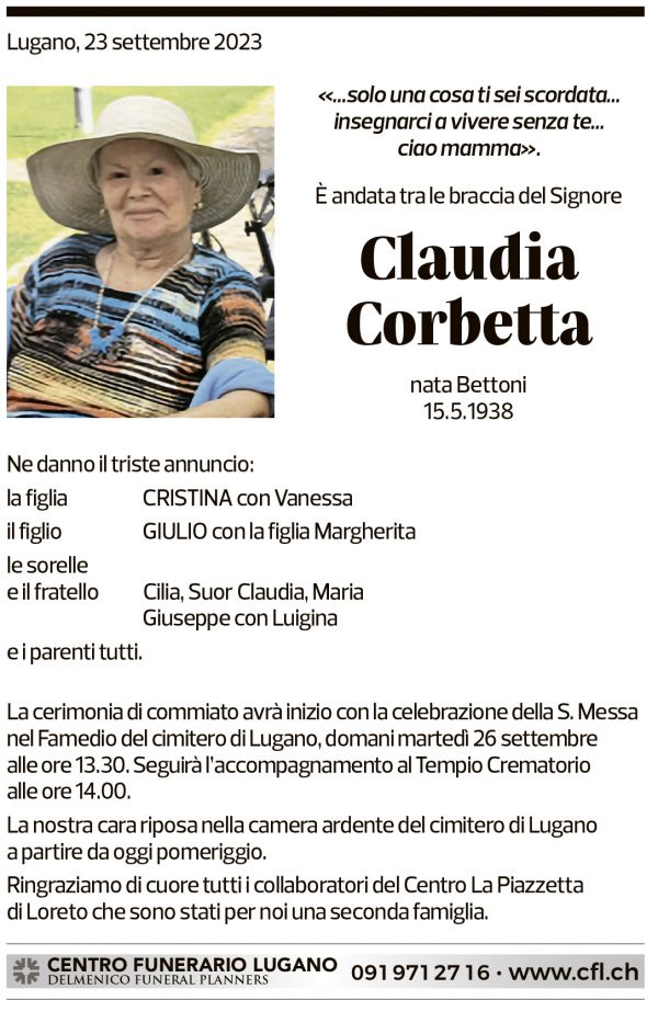 Annuncio funebre Claudia Corbetta