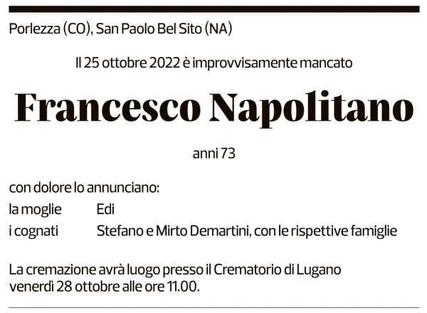 Annuncio funebre Francesco Napolitano