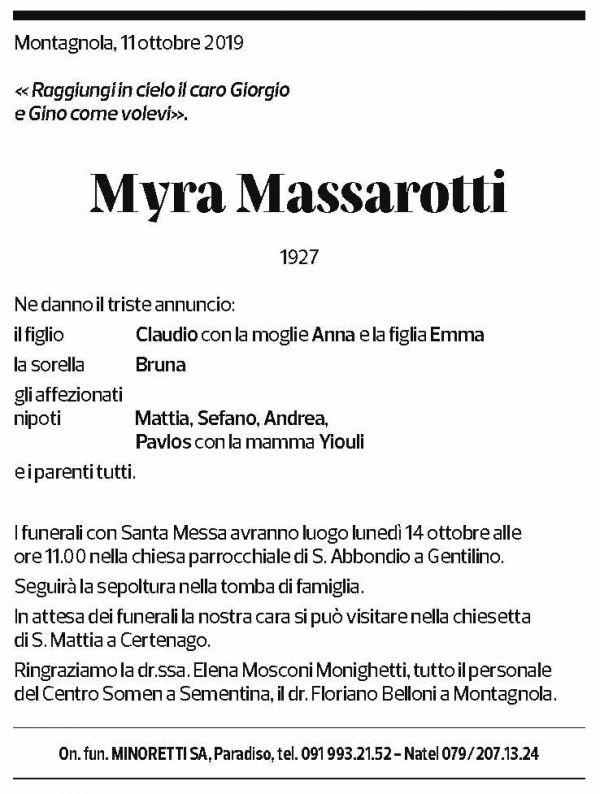 Annuncio funebre Myra Massarotti