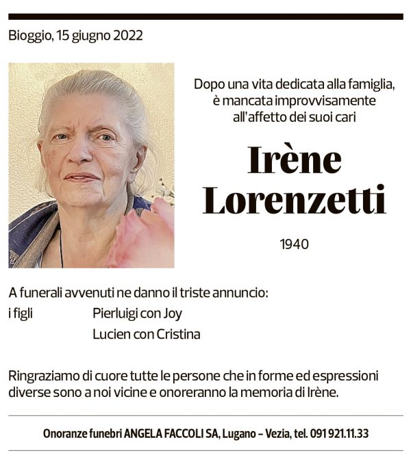 Annuncio funebre Irène Lorenzetti