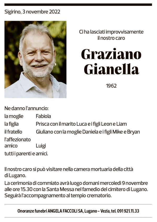 Annuncio funebre Graziano Gianella