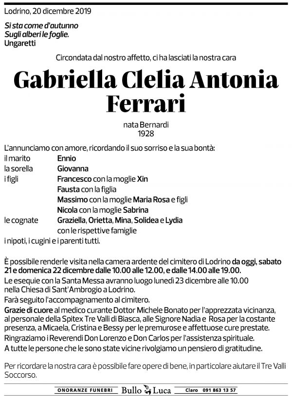 Annuncio funebre Gabriella Clelia Antonia Ferrari