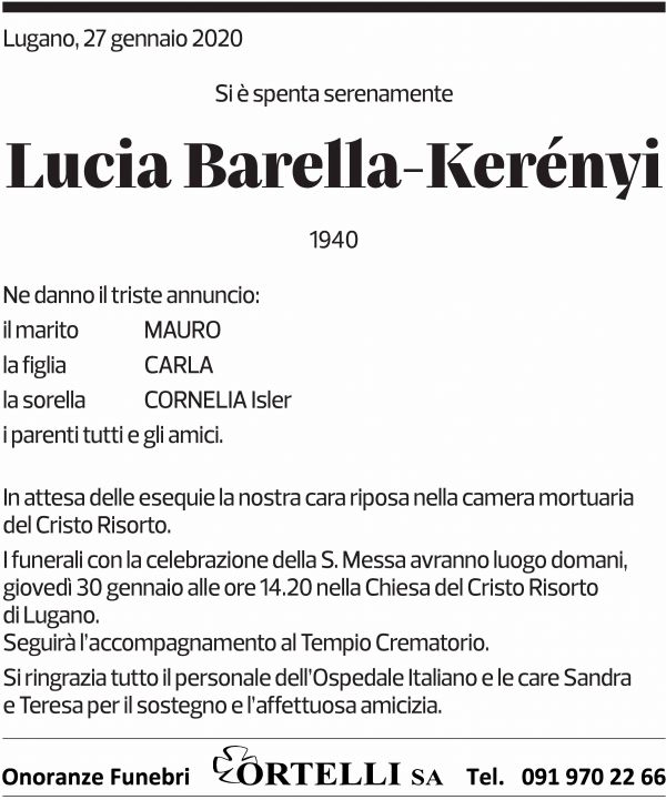 Annuncio funebre Lucia Barella-kerényi