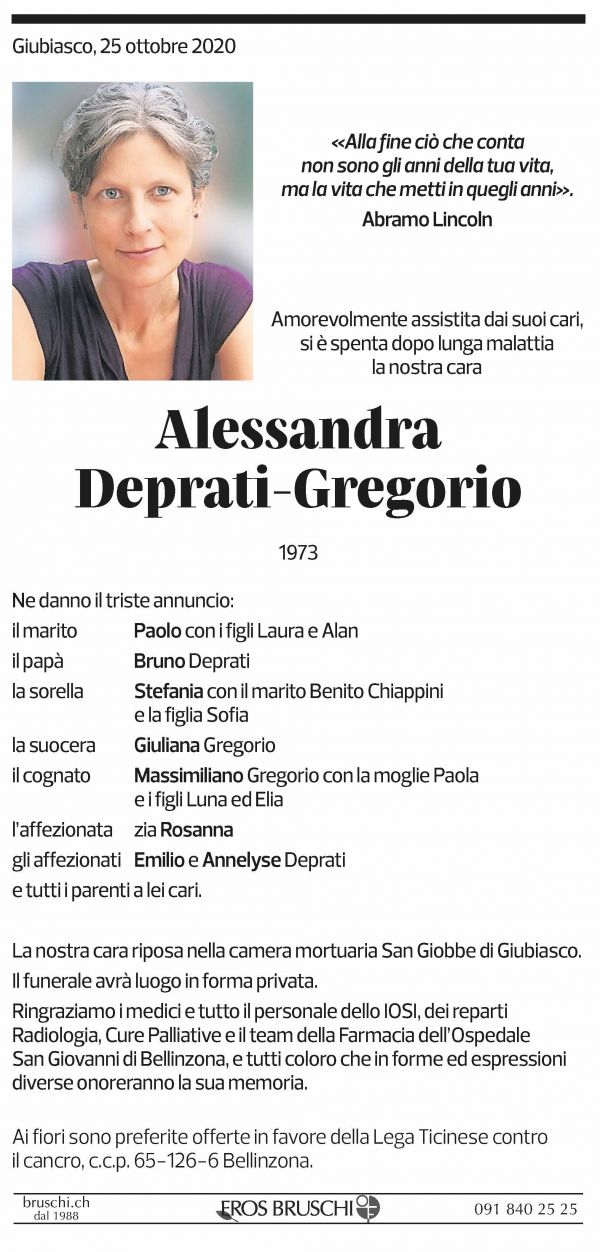 Annuncio funebre Alessandra Deprati-gregorio