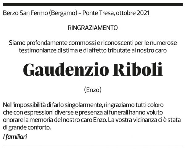 Annuncio funebre Gaudenzio Riboli