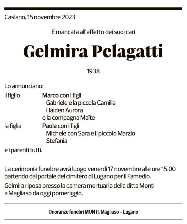 Annuncio funebre Gelmira Pelagatti