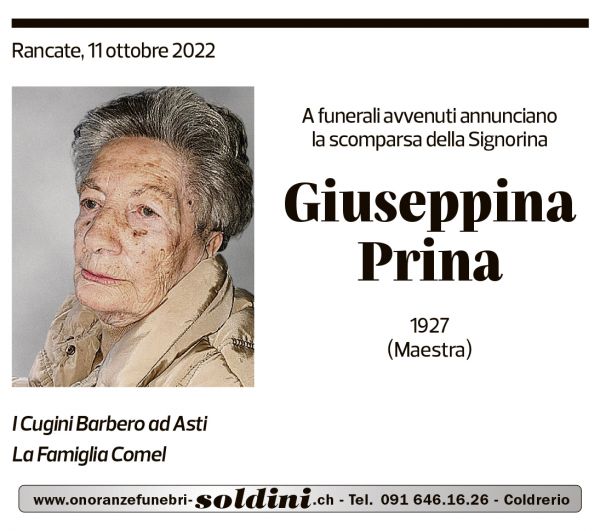 Annuncio funebre Giuseppina Prina