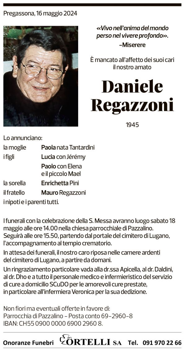 Annuncio funebre Daniele Regazzoni