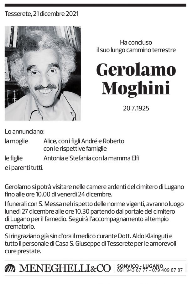 Annuncio funebre Gerolamo Moghini