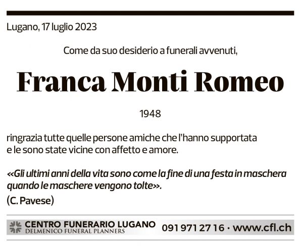 Annuncio funebre Franca Monti Romeo