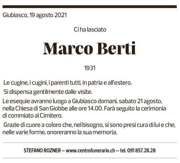 Annuncio funebre Marco Berti