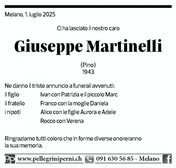Annuncio funebre Giuseppe Martinelli