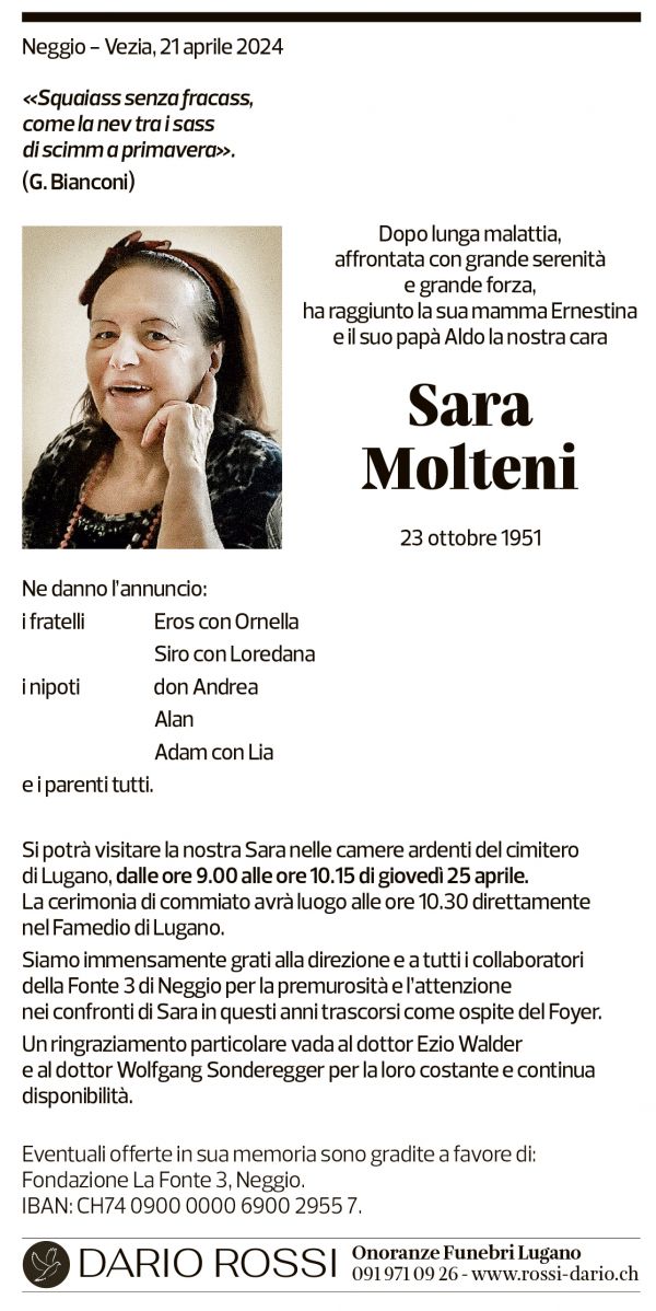 Annuncio funebre Sara Molteni