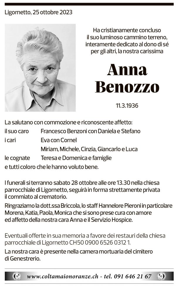 Annuncio funebre Anna Benozzo