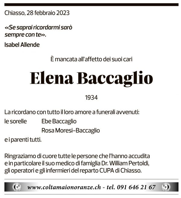 Annuncio funebre Elena Baccaglio