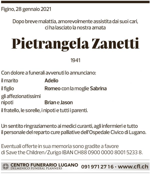 Annuncio funebre Pietrangela Zanetti