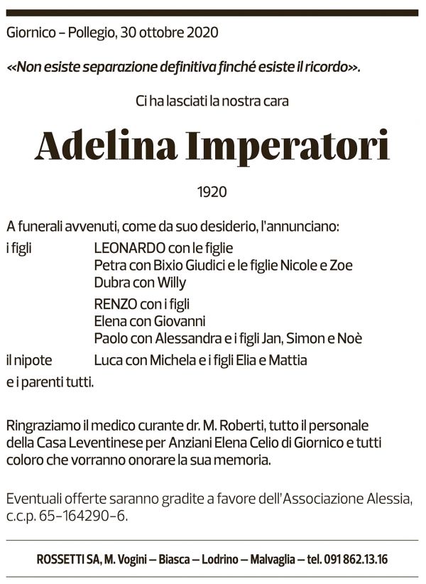Annuncio funebre Adelina Imperatori