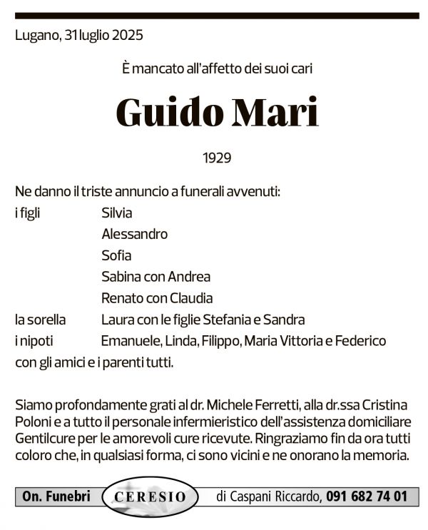 Annuncio funebre Guido Mari