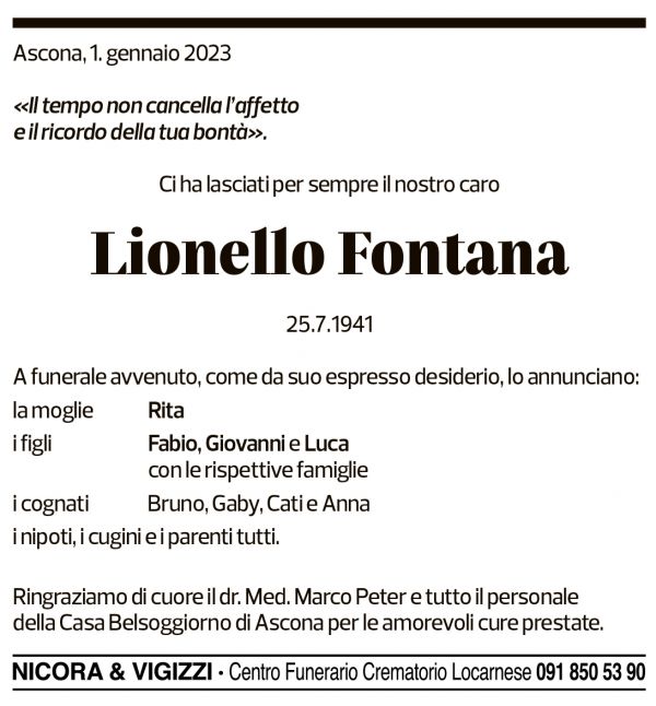 Annuncio funebre Lionello Fontana