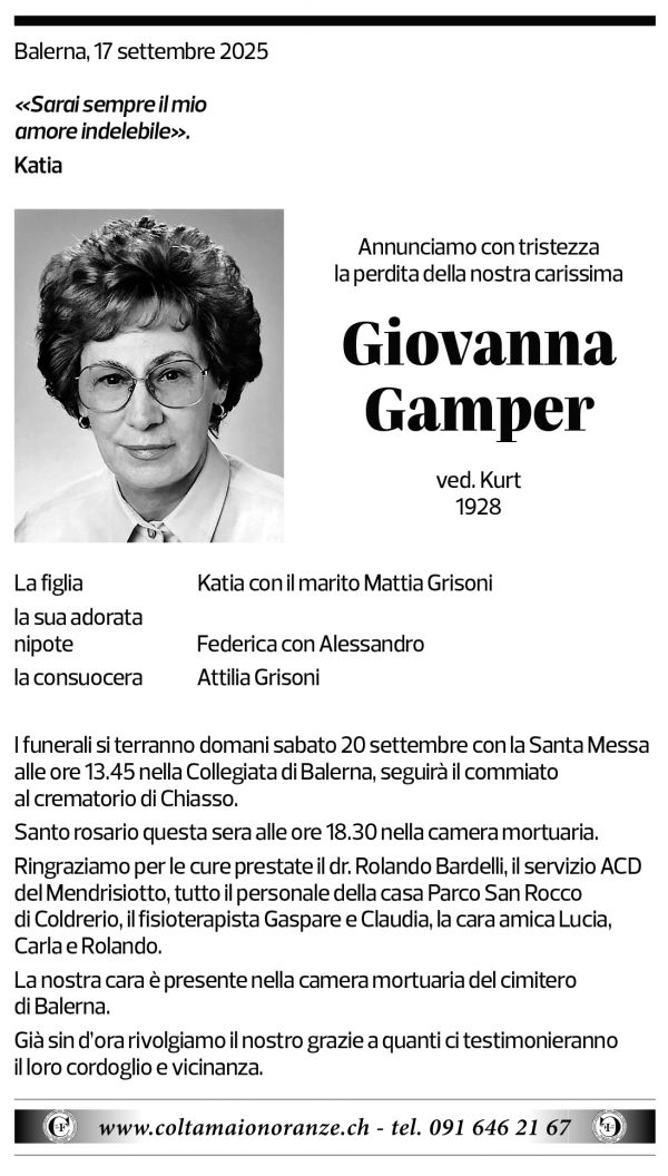 Annuncio funebre Giovanna Gamper