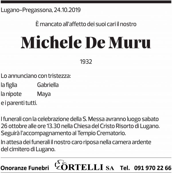 Annuncio funebre Michele De Muru